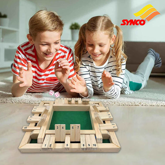 Synco 4 Players Shut The Box Dice Game, Wooden Board Table Math Game with 2 Dice