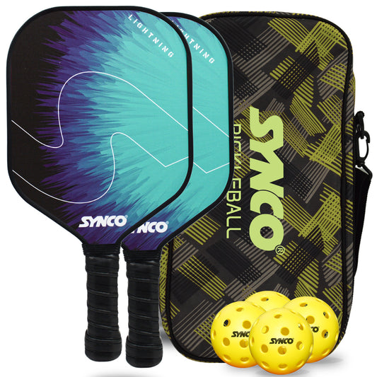 Synco Pickleball Paddle Set Lightning Blue | 2 Pickleball Rackets and 4 Pickleballs with Carry Bag | Fiberglass Lightweight Racket with Cushion Comfort Grip