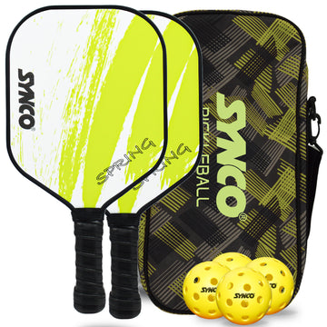 Synco Pickleball Paddle Set Spring Green | 2 Pickleball Rackets and 4 Pickleballs with Carry Bag | Fiberglass Lightweight Racket with Cushion Comfort Grip