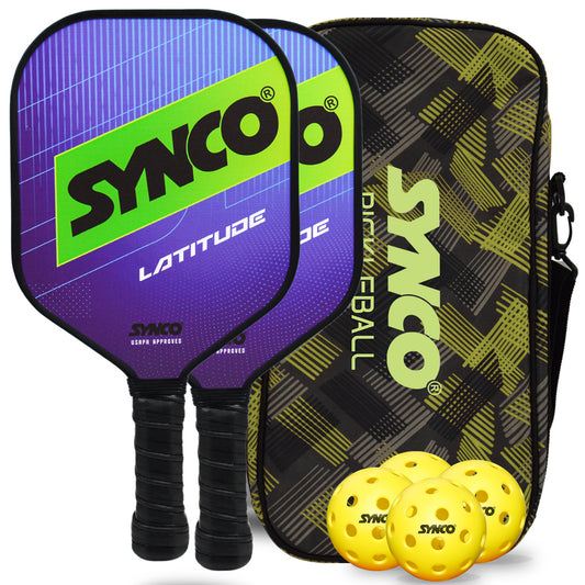 Synco Pickleball Paddle Set Latitude Blue | 2 Pickleball Rackets and 4 Pickleballs with Carry Bag | Fiberglass Lightweight Racket with Cushion Comfort Grip