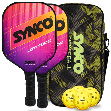 Synco Pickleball Paddle Set Latitude Pink | 2 Pickleball Rackets and 4 Pickleballs with Carry Bag | Fiberglass Lightweight Racket with Cushion Comfort Grip