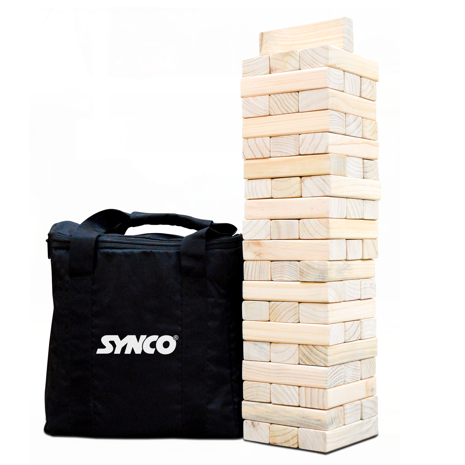 Synco Blocks Stacking Game Tumbling Tower Best Wooden Puzzle Game for Children & Adults  Block Set  Tower Natural - 54Pc front with carry bag