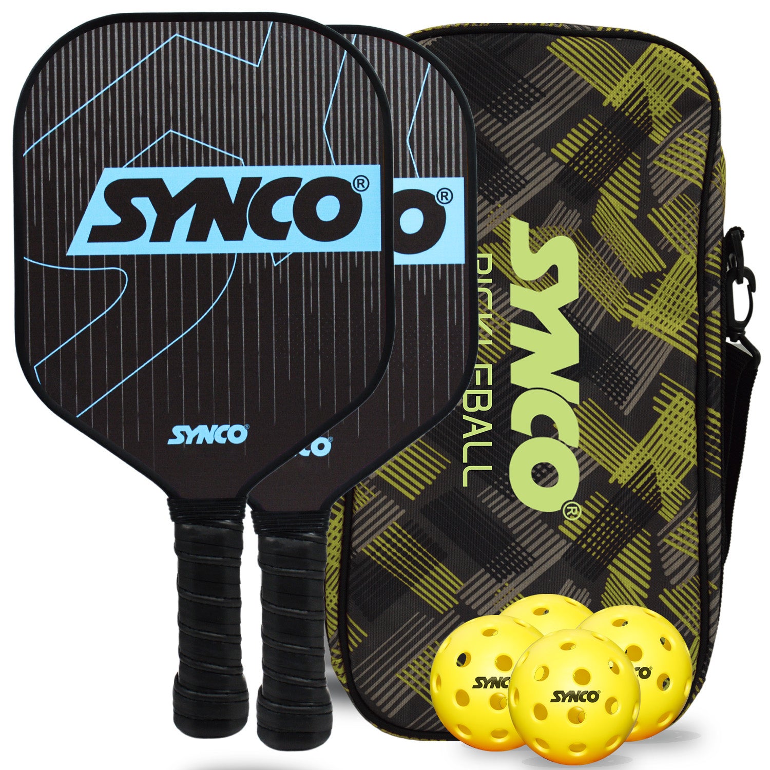 Synco Pickleball Paddle Set Carbonium Blue  2 Pickleball Rackets and 4 Pickleballs with Carry Bag | Fiberglass Lightweight Racket with Cushion Comfort Grip