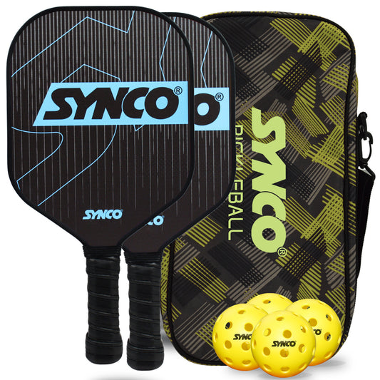 Synco Pickleball Paddle Set Carbonium Blue 2 Pickleball Rackets and 4 Pickleballs with Carry Bag | Fiberglass Lightweight Racket with Cushion Comfort Grip