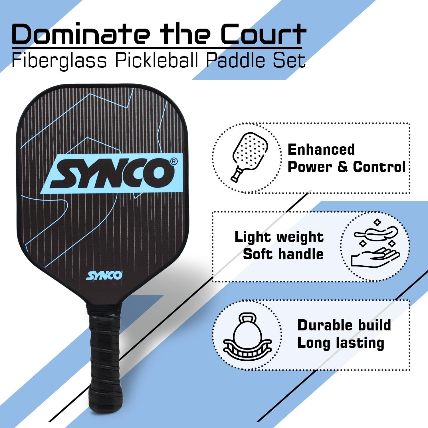Synco Pickleball Paddle Set Carbonium Blue fiberglass features benefits