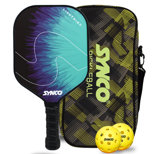Synco Pickleball Paddle Set Lightning Blue 2 Pickleball Rackets and 4 Pickleballs with Carry Bag Fiberglass Lightweight Racket
