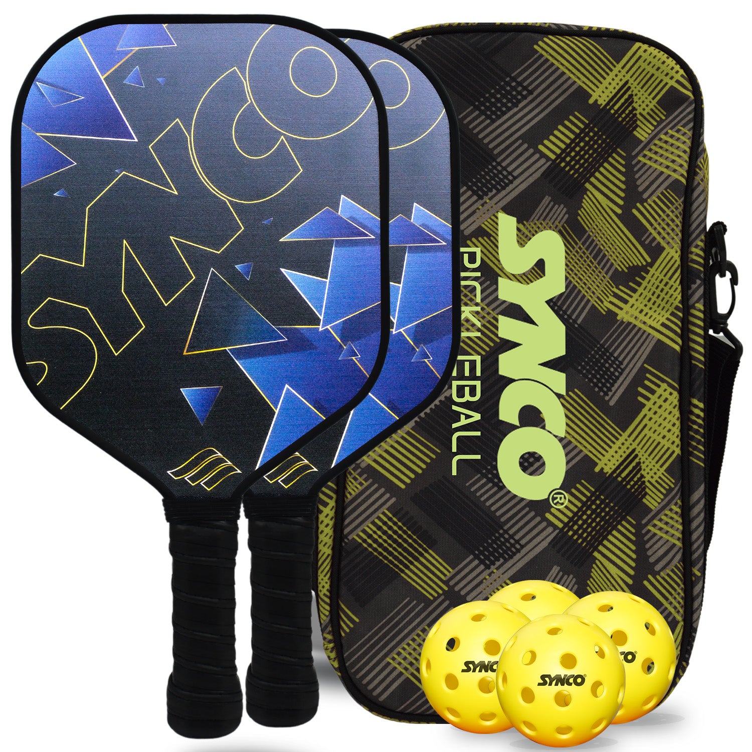 Set of 4 Synco yellow pickleballs with  bag and Paddles