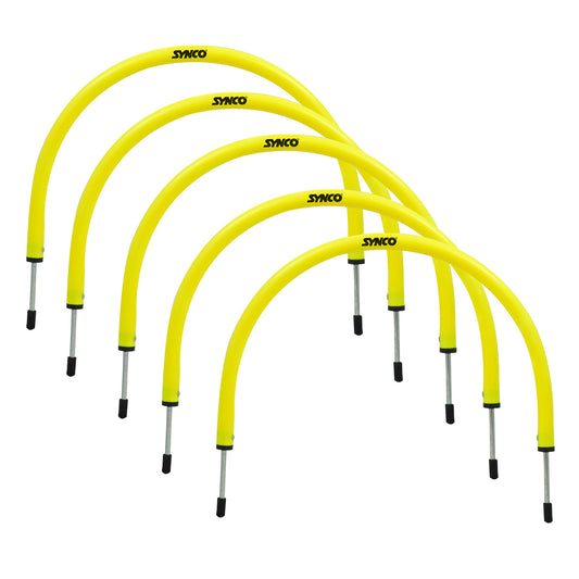 Set of 5 yellow Synco archery bows on a white background