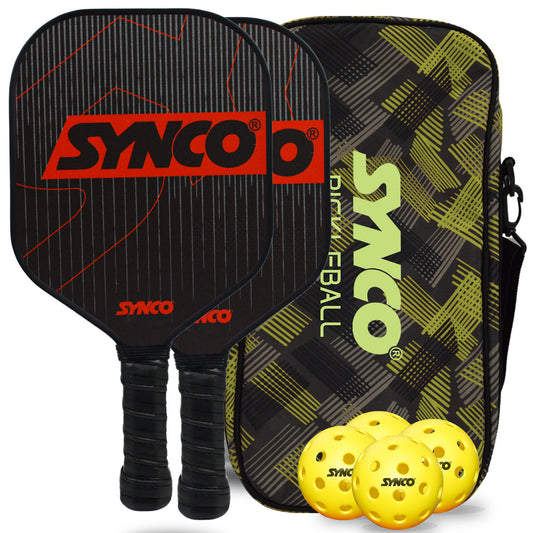 Synco pickleball paddle carbonium red set 2 racket with 4 pickleball yellow ball with carry bag