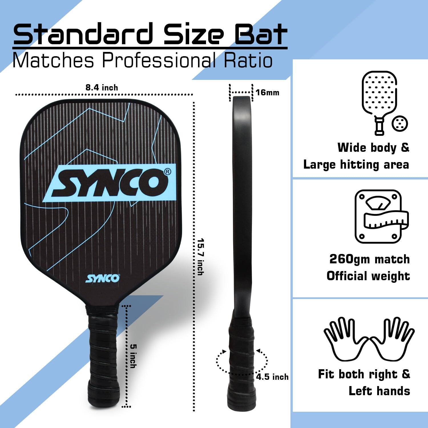 synco fiberglass pickleball paddle carbonium blue set size ratio