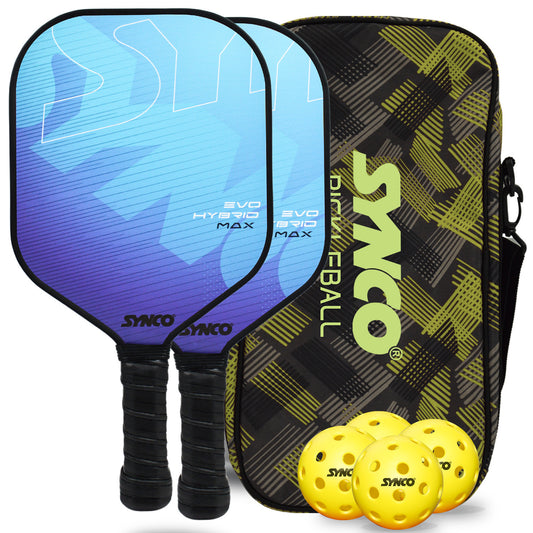 Synco Pickleball Paddle Set Hybrid Max Blue | 2 Pickleball Rackets and 4 Pickleballs with Carry Bag | Fiberglass Lightweight Racket with Cushion Comfort Grip