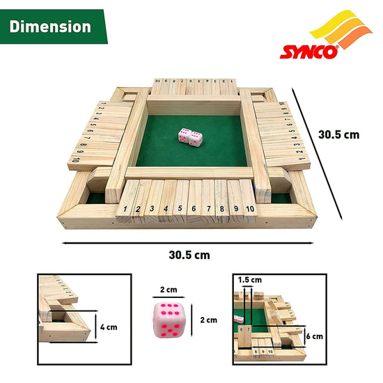 Synco 4 Players Shut The Box Dice Game, Wooden Board Table Math Game with 2 Dice