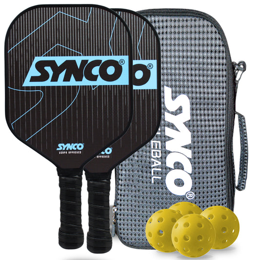 Synco Pickleball Paddle Set | 2 Pickleball Rackets and 4 Pickleballs with Carry Bag | Fiberglass Lightweight Racket with Cushion Comfort Grip (16mm, Carbonium Blue)