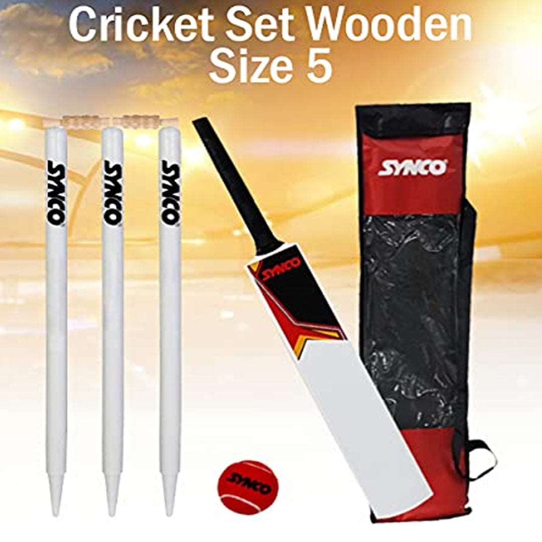 SYNCO Wooden Cricket Kit with Tennis Ball Size-5 Combo for Age Group 5-10 Years