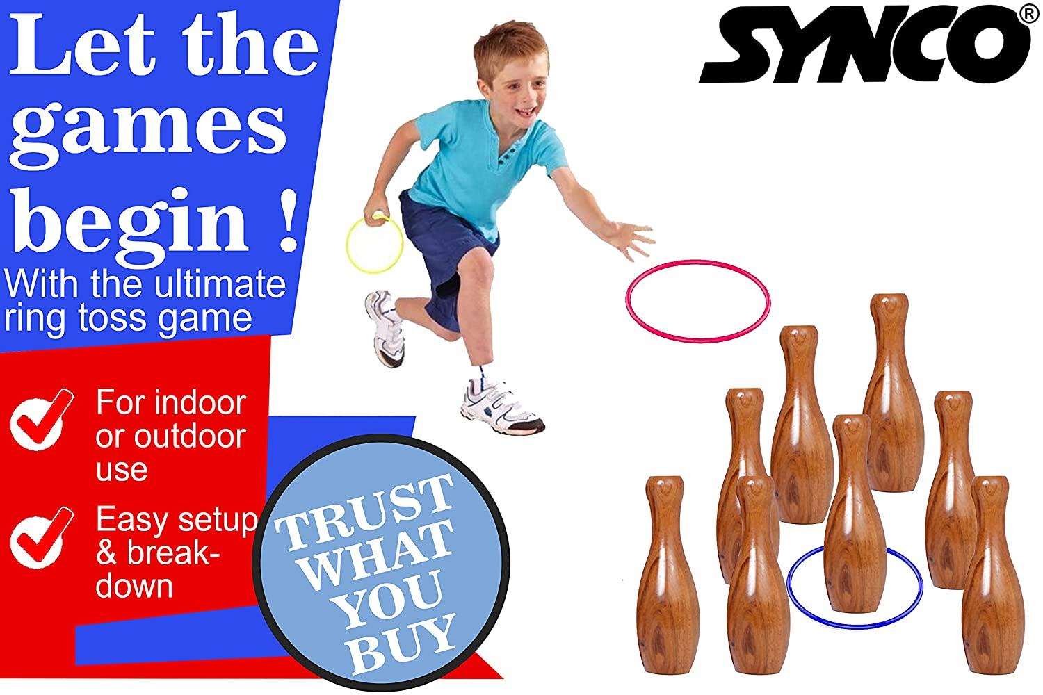 SYNCO 2 in1 Indoor Game<br> #Lawn Bowling Games # Ring<br>Toss Game for Family Kids <br>and Adults Backyard Skittles<br>Wooden Hardwood Set with 10 Pins 9 inches 3 Balls - 3