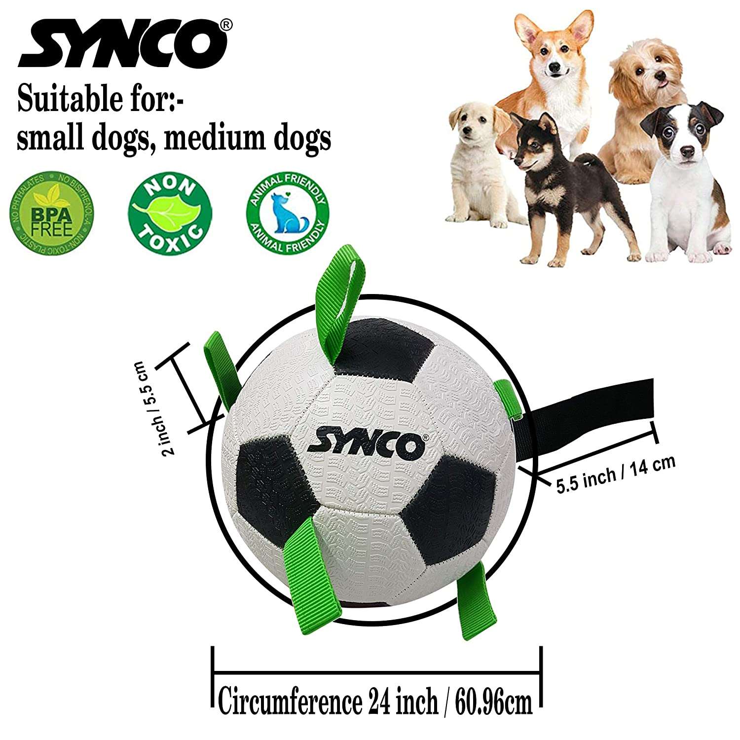 Synco Dog Toy Football with Green Holding Loops | Dog Ball Size-3 | Dog Toy Ball (White)
