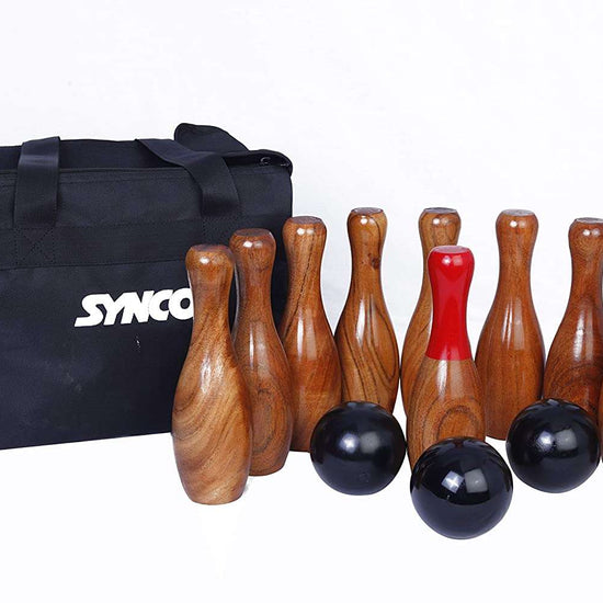 SYNCO 2 in1 Indoor Game<br> #Lawn Bowling Games # Ring<br>Toss Game for Family Kids <br>and Adults Backyard Skittles<br>Wooden Hardwood Set with 10 Pins 9 inches 3 Balls - 1