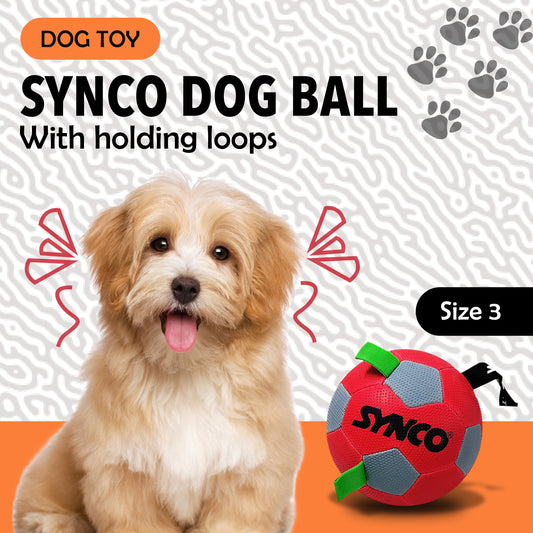 Synco Dog Toy Football with Green Holding Loops | Dog Ball Size-3 | Dog Toy Ball (RED)