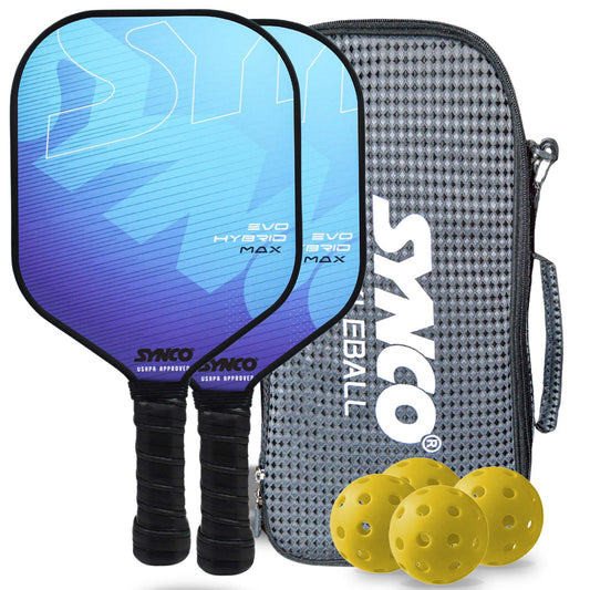 Synco Pickleball Paddle Set | 2 Pickleball Rackets and 4 Pickleballs with Carry Bag | Fiberglass Lightweight Racket with Cushion Comfort Grip (16mm, Evo Hybrid Max Blue)