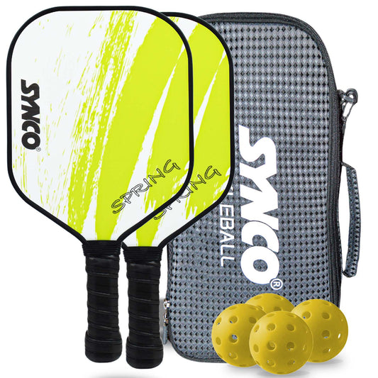 Synco Pickleball Paddle Set | 2 Pickleball Rackets and 4 Pickleballs with Carry Bag | Fiberglass Lightweight Racket with Cushion Comfort Grip (12mm, Spring Green)