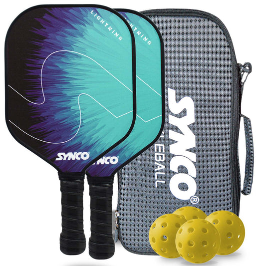 Synco Pickleball Paddle Set | 2 Pickleball Rackets and 4 Pickleballs with Carry Bag | Fiberglass Lightweight Racket with Cushion Comfort Grip (12mm, Lightning Blue)