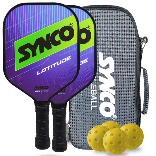 Synco Pickleball Paddle Set | 2 Pickleball Rackets and 4 Pickleballs with Carry Bag | Fiberglass Lightweight Racket with Cushion Comfort Grip (16mm, Latitude Blue)