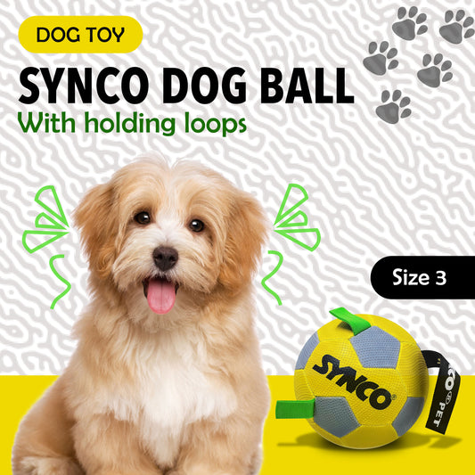 Synco Dog Toy Football with Green Holding Loops | Dog Ball Size-3 | Dog Toy Ball (Yellow)