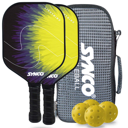 Synco Pickleball Paddle Set | 2 Pickleball Rackets and 4 Pickleballs with Carry Bag | Fiberglass Lightweight Racket with Cushion Comfort Grip (12mm, Lightning Yellow)