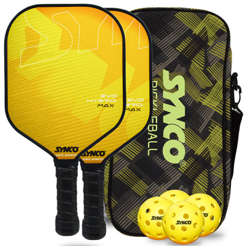 Synco Pickleball Paddle Set | 2 Pickleball Rackets and 4 Pickleballs with Carry Bag | Fiberglass Lightweight Racket with Cushion Comfort Grip (16mm, Evo Hybrid Max Yellow)