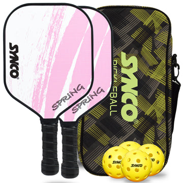 Synco Pickleball Paddle Set | 2 Pickleball Rackets and 4 Pickleballs with Carry Bag | Fiberglass Lightweight Racket with Cushion Comfort Grip (12mm, Spring Pink)