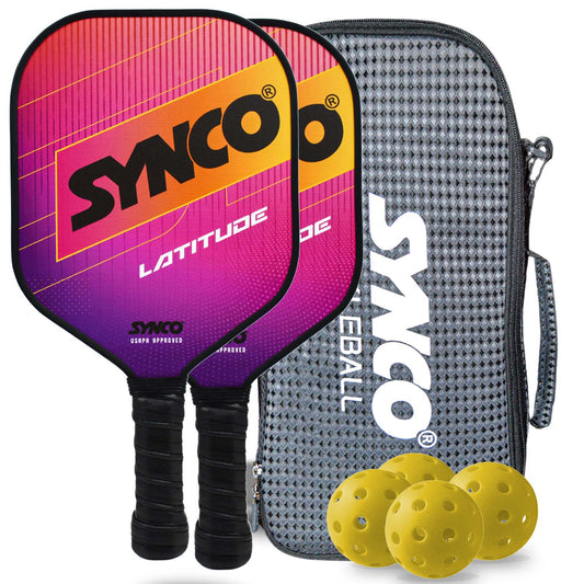 Synco Pickleball Paddle Set | 2 Pickleball Rackets and 4 Pickleballs with Carry Bag | Fiberglass Lightweight Racket with Cushion Comfort Grip (16mm, Latitude Pink)