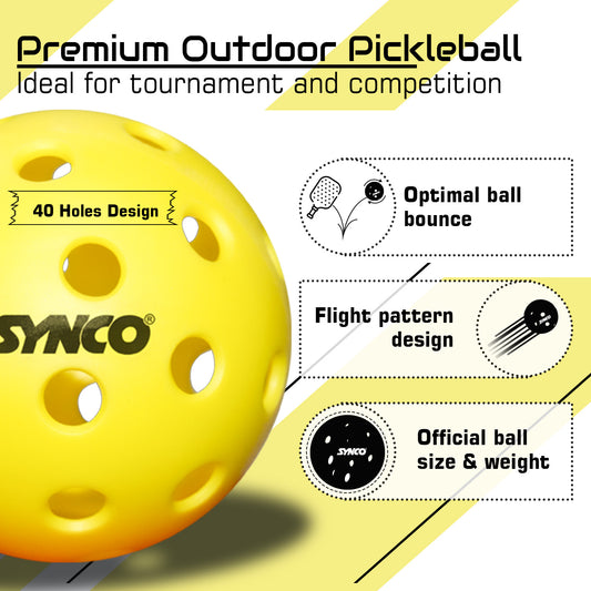 Synco Pickleball Ball S40 Pack of 6 | Performance Outdoor Pickleball | 40 Holes Pickleball for Tournament and Competition | Perfectly Balanced | High Bounce Durable Ball | Ideal for All Skill Levels