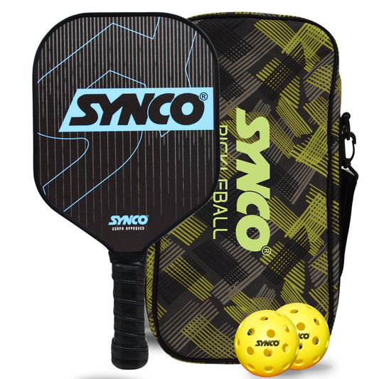 Synco Pickleball Paddle Set | 1 Pickleball Rackets and 2 Pickleballs with Carry Bag | Fiberglass Lightweight Racket with Cushion Comfort Grip (16mm, Carbonium Blue)