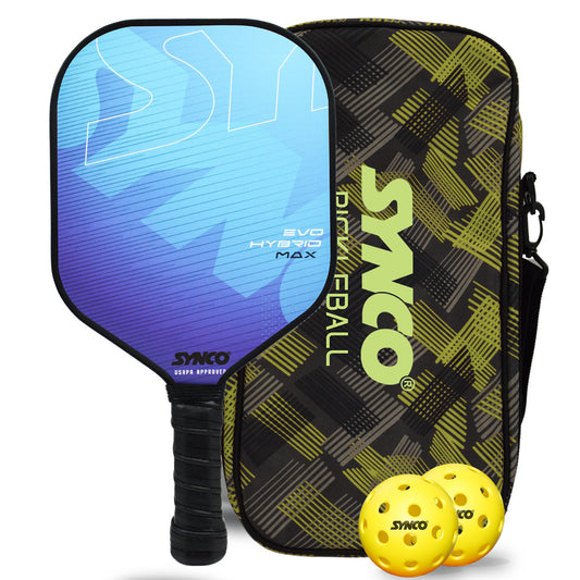 Synco Pickleball Paddle Set | 1 Pickleball Rackets and 2 Pickleballs with Carry Bag | Fiberglass Lightweight Racket with Cushion Comfort Grip (16mm, Hybrid Max Blue)