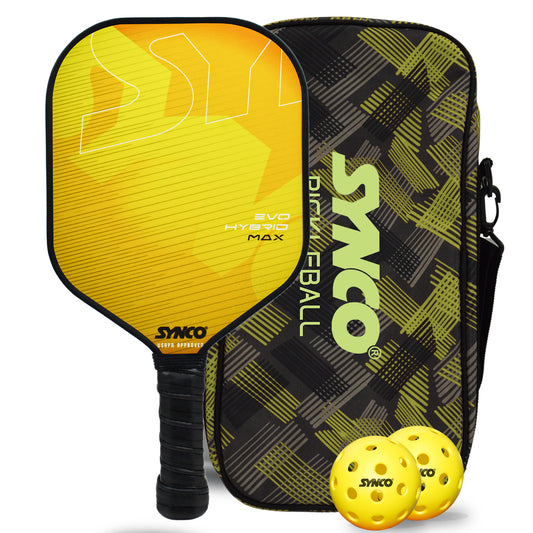 Synco Pickleball Paddle Set | 1 Pickleball Rackets and 2 Pickleballs with Carry Bag | Fiberglass Lightweight Racket with Cushion Comfort Grip (16mm, Hybrid Max Yellow)