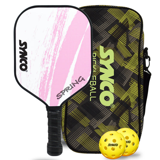 Synco Pickleball Paddle Set | 1 Pickleball Rackets and 2 Pickleballs with Carry Bag | Fiberglass Lightweight Racket with Cushion Comfort Grip (12mm, Spring Pink)
