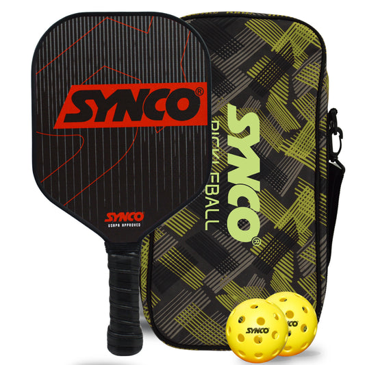 Synco Pickleball Paddle Set | 1 Pickleball Rackets and 2 Pickleballs with Carry Bag | Fiberglass Lightweight Racket with Cushion Comfort Grip (16mm, Carbonium Red)