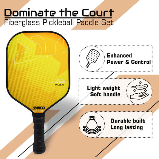 Synco Pickleball Paddle Set | 2 Pickleball Rackets and 4 Pickleballs with Carry Bag | Fiberglass Lightweight Racket with Cushion Comfort Grip (16mm, Evo Hybrid Max Yellow)