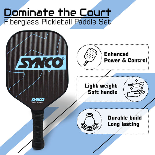 Synco Pickleball Paddle Set | 2 Pickleball Rackets and 4 Pickleballs with Carry Bag | Fiberglass Lightweight Racket with Cushion Comfort Grip (16mm, Carbonium Blue)