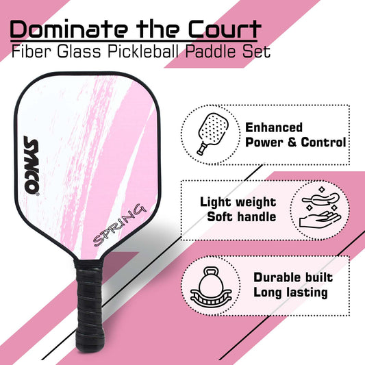 Synco Pickleball Paddle Set | 2 Pickleball Rackets and 4 Pickleballs with Carry Bag | Fiberglass Lightweight Racket with Cushion Comfort Grip (12mm, Spring Pink)