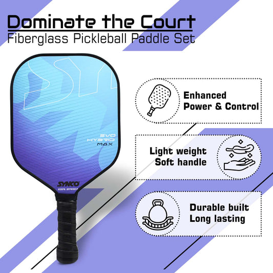 Synco Pickleball Paddle Set | 2 Pickleball Rackets and 4 Pickleballs with Carry Bag | Fiberglass Lightweight Racket with Cushion Comfort Grip (16mm, Evo Hybrid Max Blue)