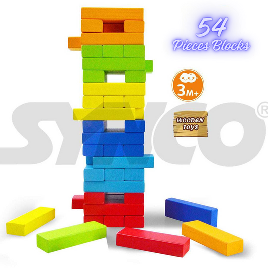 Synco Wooden Blocks, Colorful Wooden Tumbling Tower, Stacking and Balancing Block Toys - Multicolor (54 Pcs)