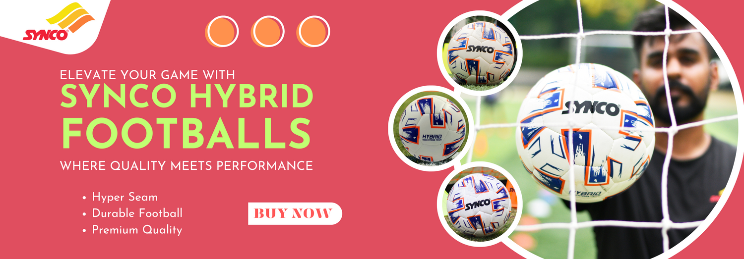 Synco Hybrid Footballs: A perfect blend of durability and performance, featuring a striking design with high-quality materials for exceptional playability.