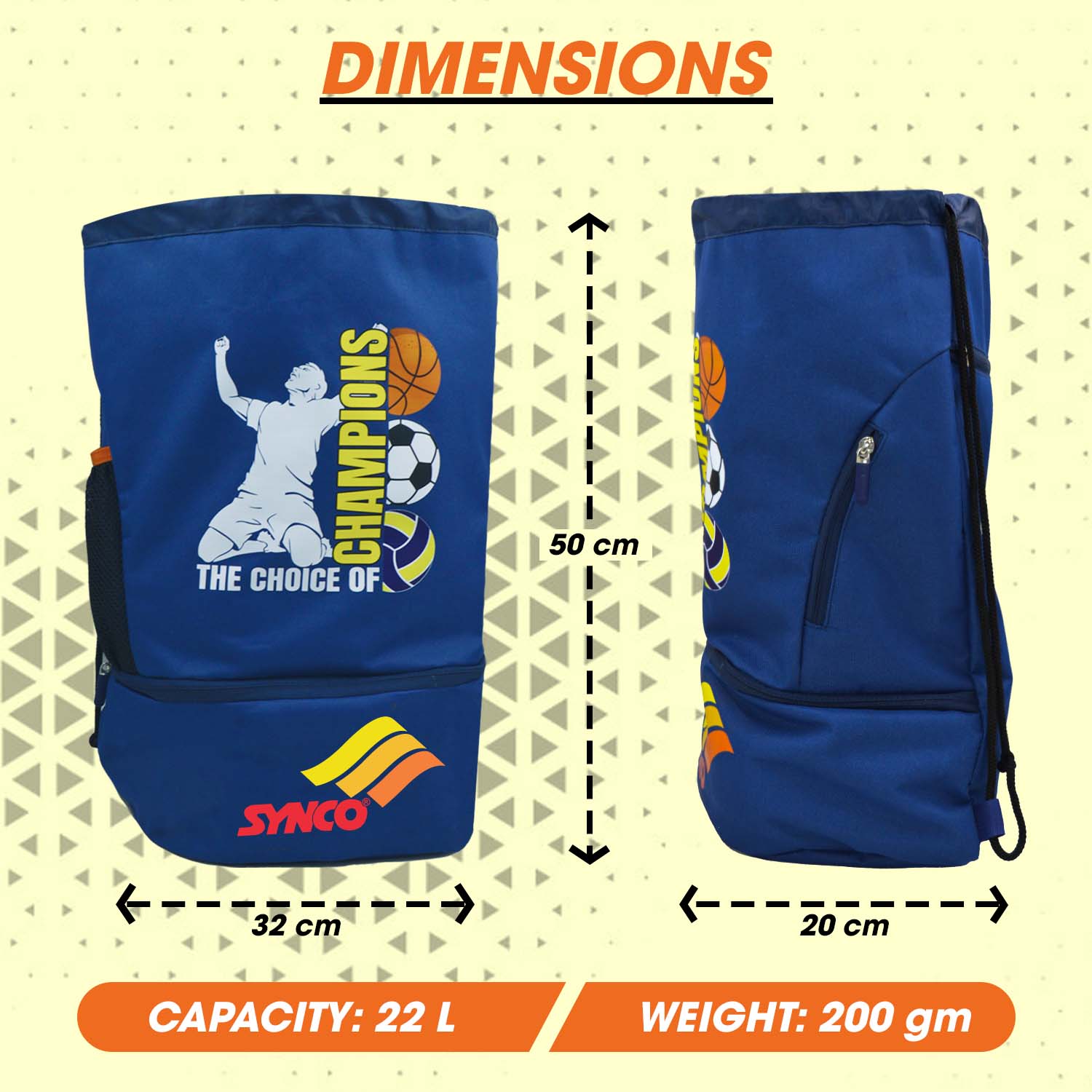 Synco Champion Ball carrying Sports Bag (Small) Blue dimensions
