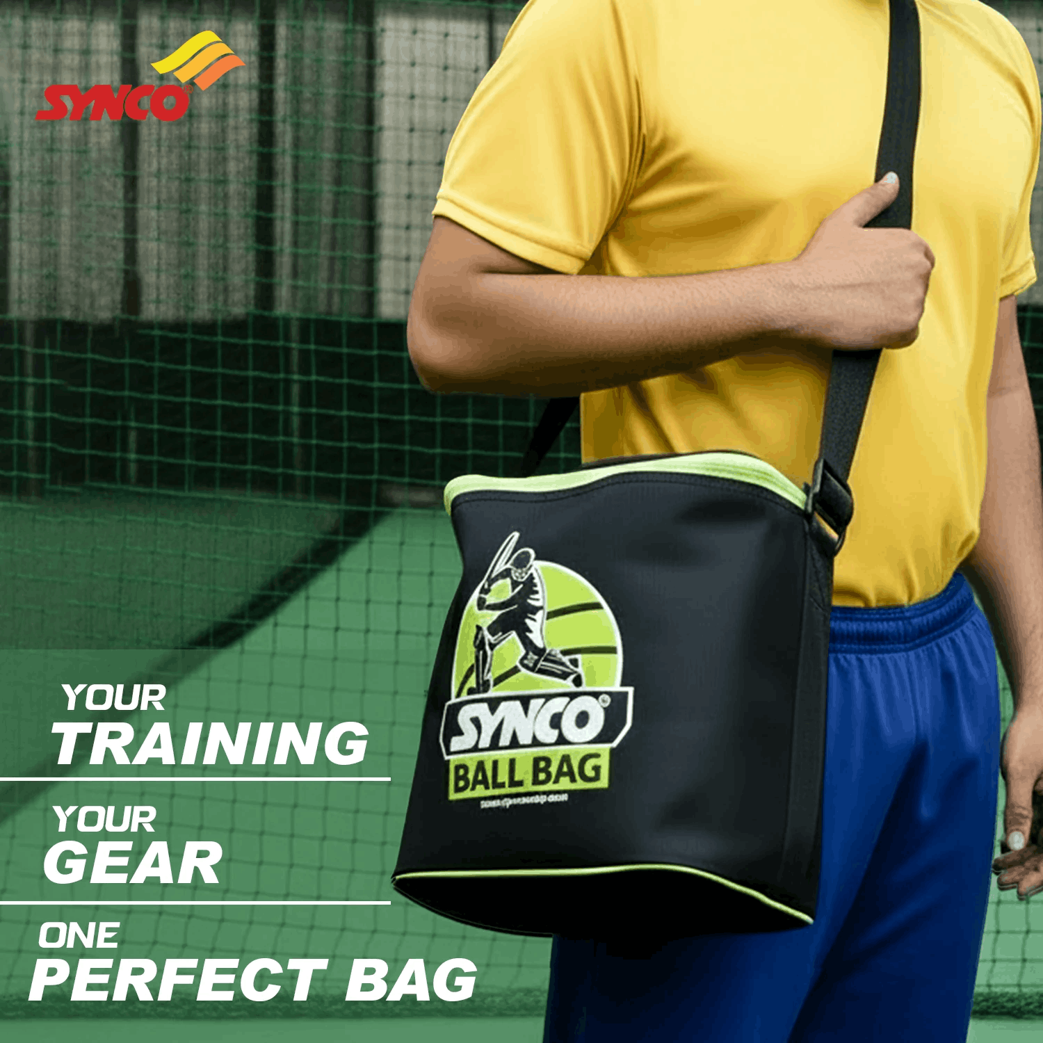 Black-green cricket ball bag with player   