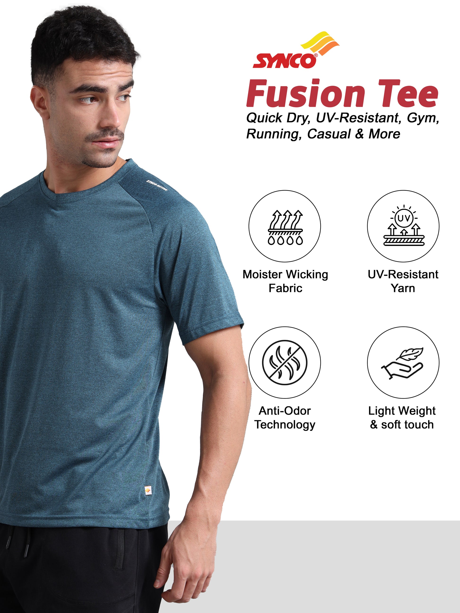 Synco Fusion Sports Tshirt for Men Blue color features