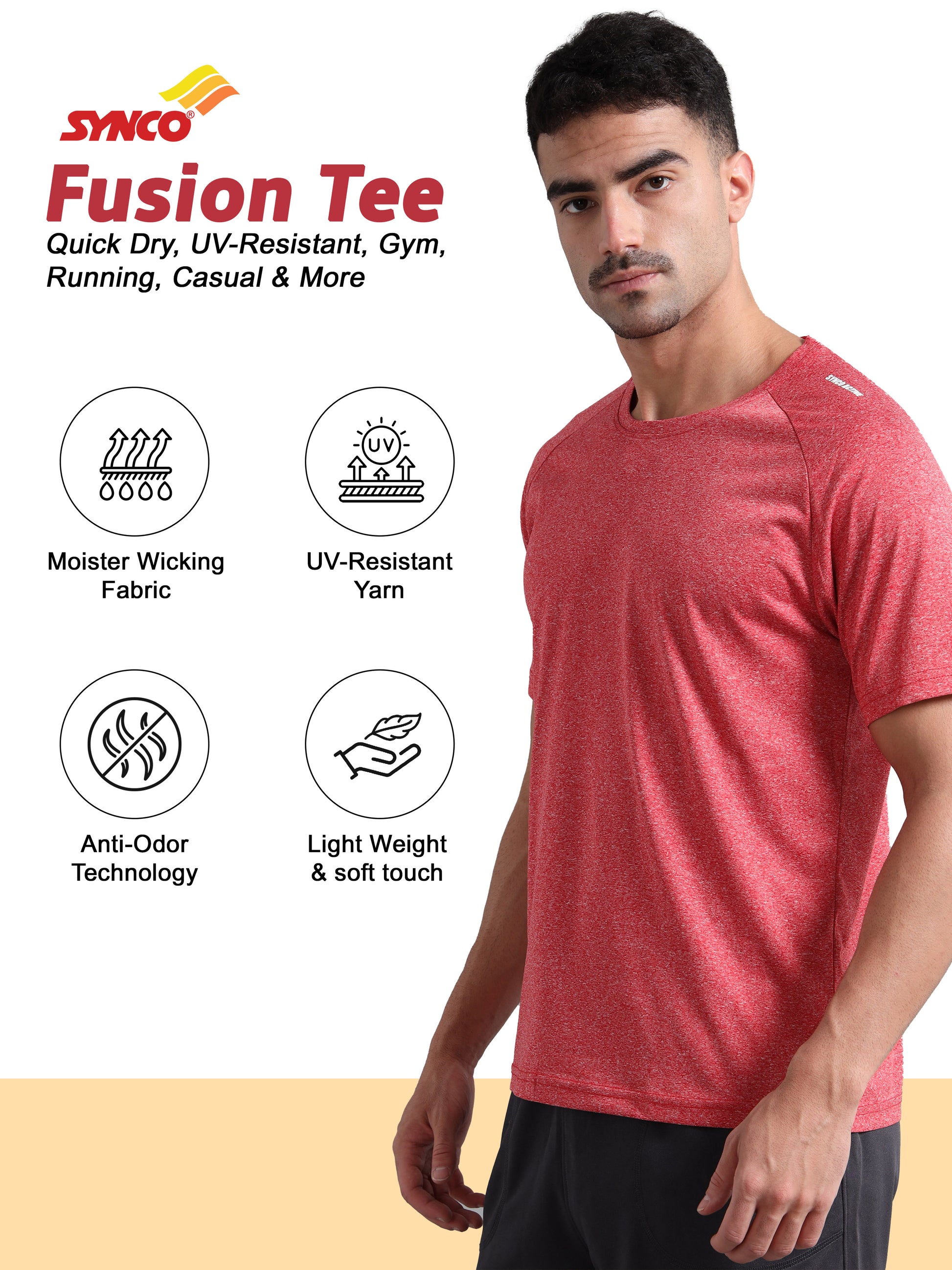 Synco Fusion Sports Tshirt for Men red color  advantages side front.