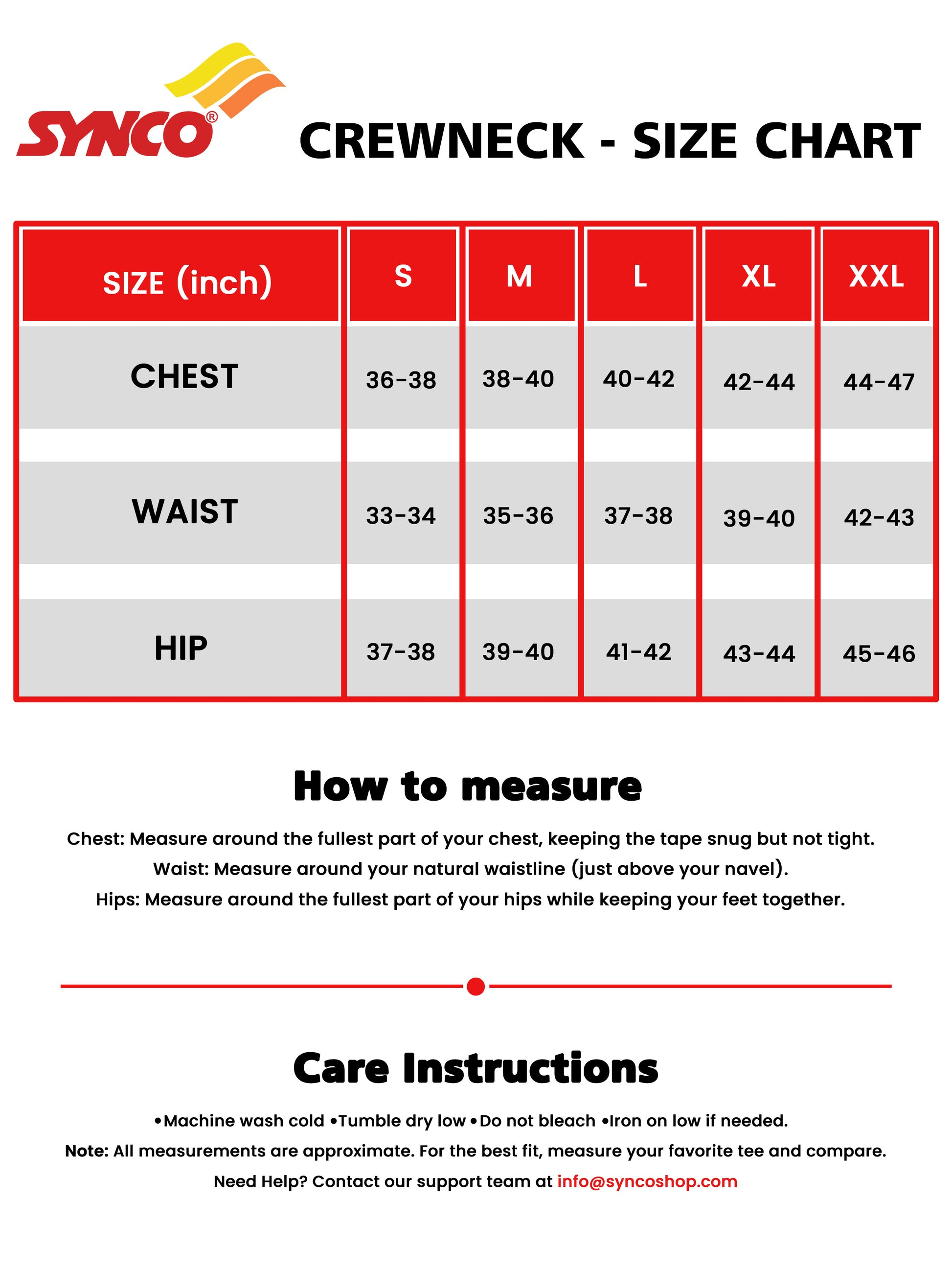 Synco Fusion Sports Tshirt for Men size chart