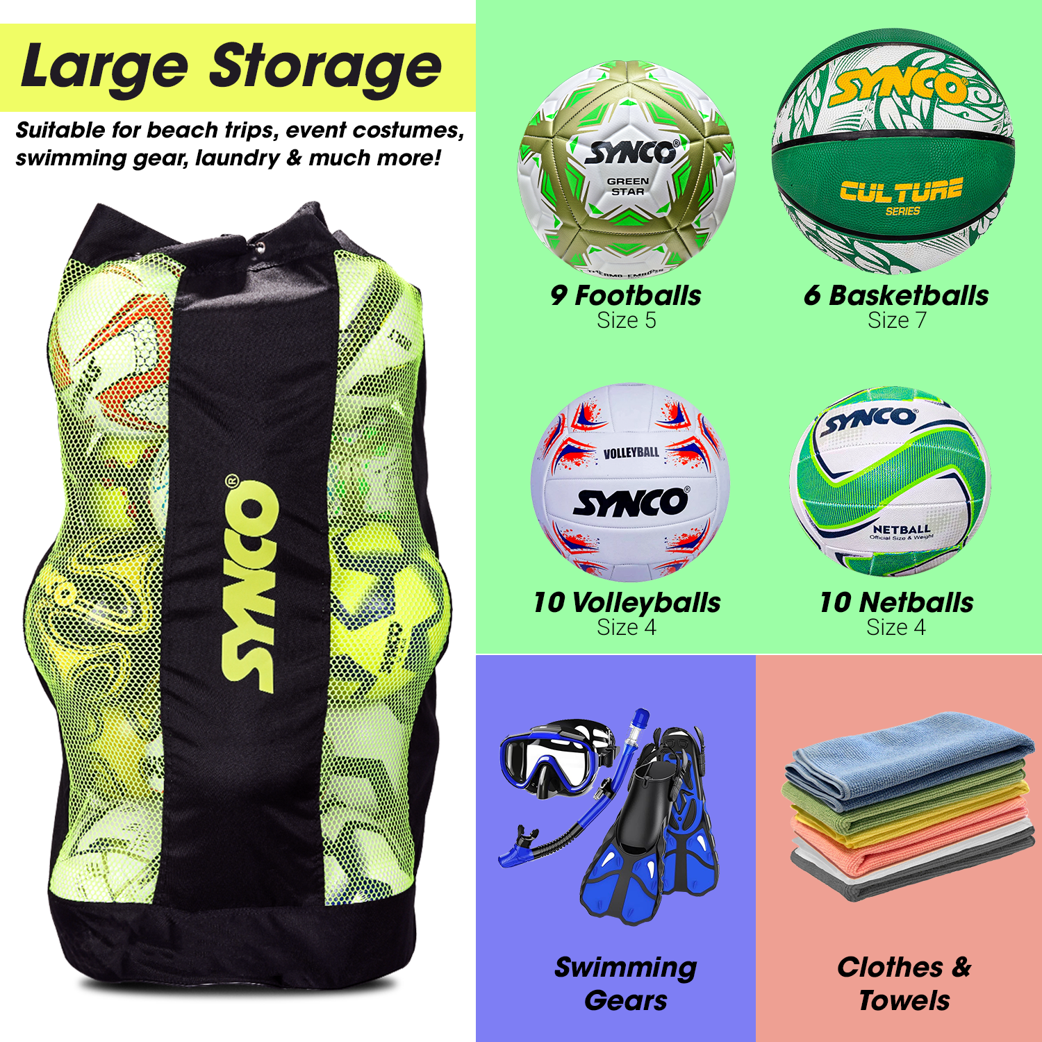 Synco Large Ball Carrying sports Bag (XL) Black/Neon Large storage capaity