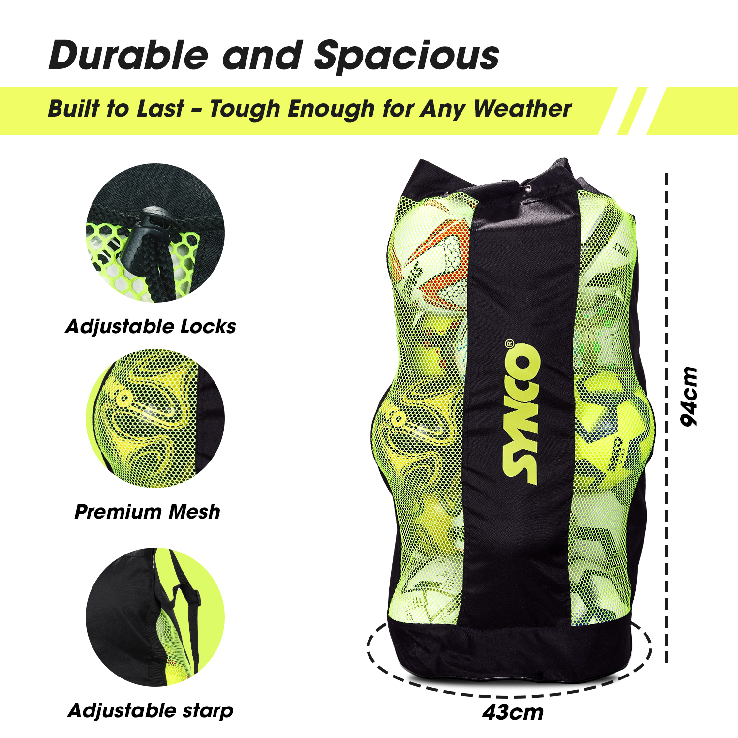 Synco Large Ball Carrying sports Bag (XL) Black Neon build quality dimensions